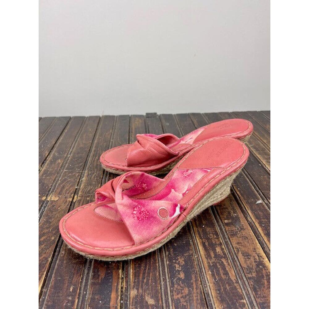 Born Drilles Size 10/42 Wedge Mules Slip Pink Leather/Floral Fabric Espadrille